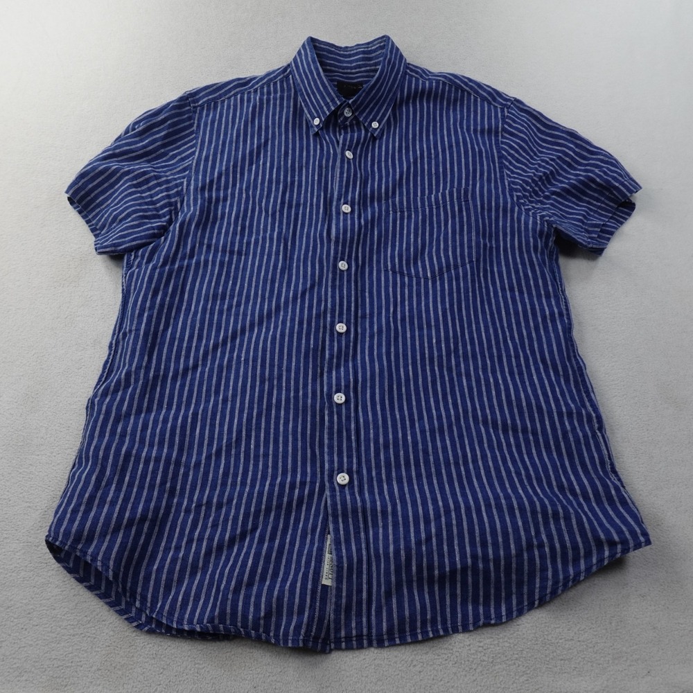 J.Crew Baird McNutt Irish Linen Shirt Mens M Blue Stripe Short Sleeve Button Up